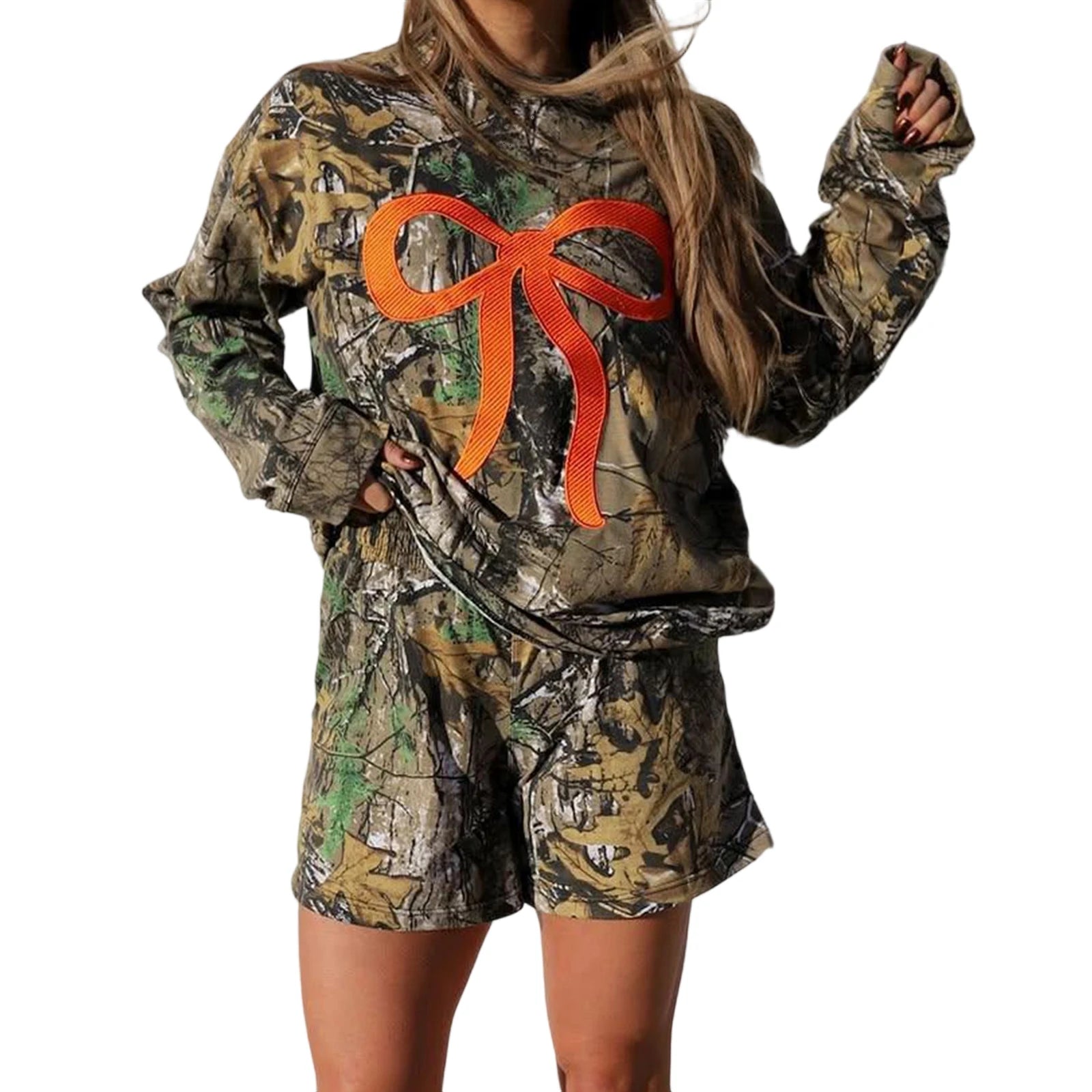 "Camouflage workout outfit with bow embroidery, long sleeve sweatshirt, and elastic shorts"