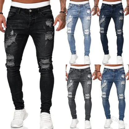 Ripped Men Jeans Denim Pant Mid Waist Slim Fit  Vintage Denim Wash Punk Style Skinny Pencil Pants Distressed Holes Ankle Length