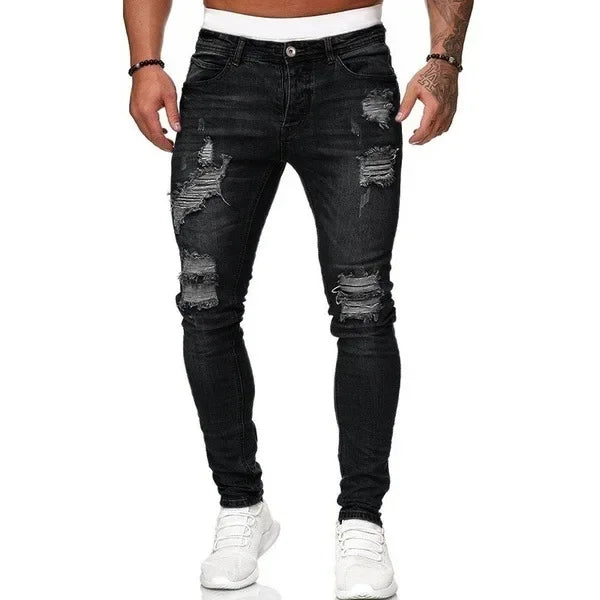 “Black ripped men’s denim jeans with slim fit and ankle length, distressed punk style”
