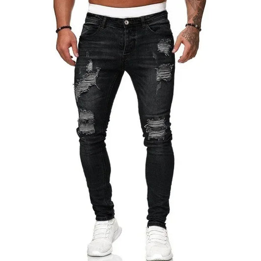 “Black ripped men’s denim jeans with slim fit and ankle length, distressed punk style”
