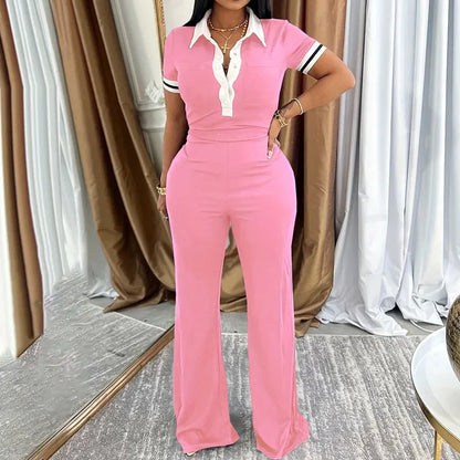 Striped Casual Tracksuits Set Woman 2 Piece Set Outfit Activewear Turn-down Collar Polo Shirt Top and Wide Leg Pants Sweat Suit