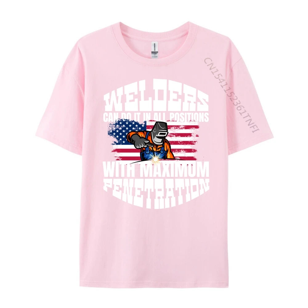Pink  cotton t-shirt with funny welder-themed graphic on the back, available in multiple colors”