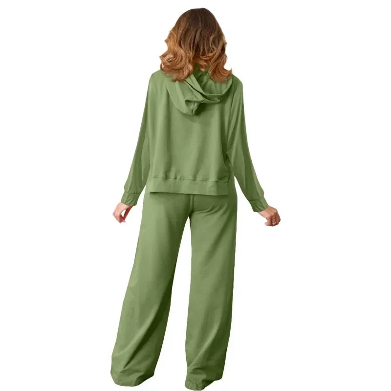 GUWU Active Wear Autumn Solid Women's Set Long Sleeve Hooded Sweater and Wide Leg Pants  Two 2 Piece Sets Outfits Tracksuit