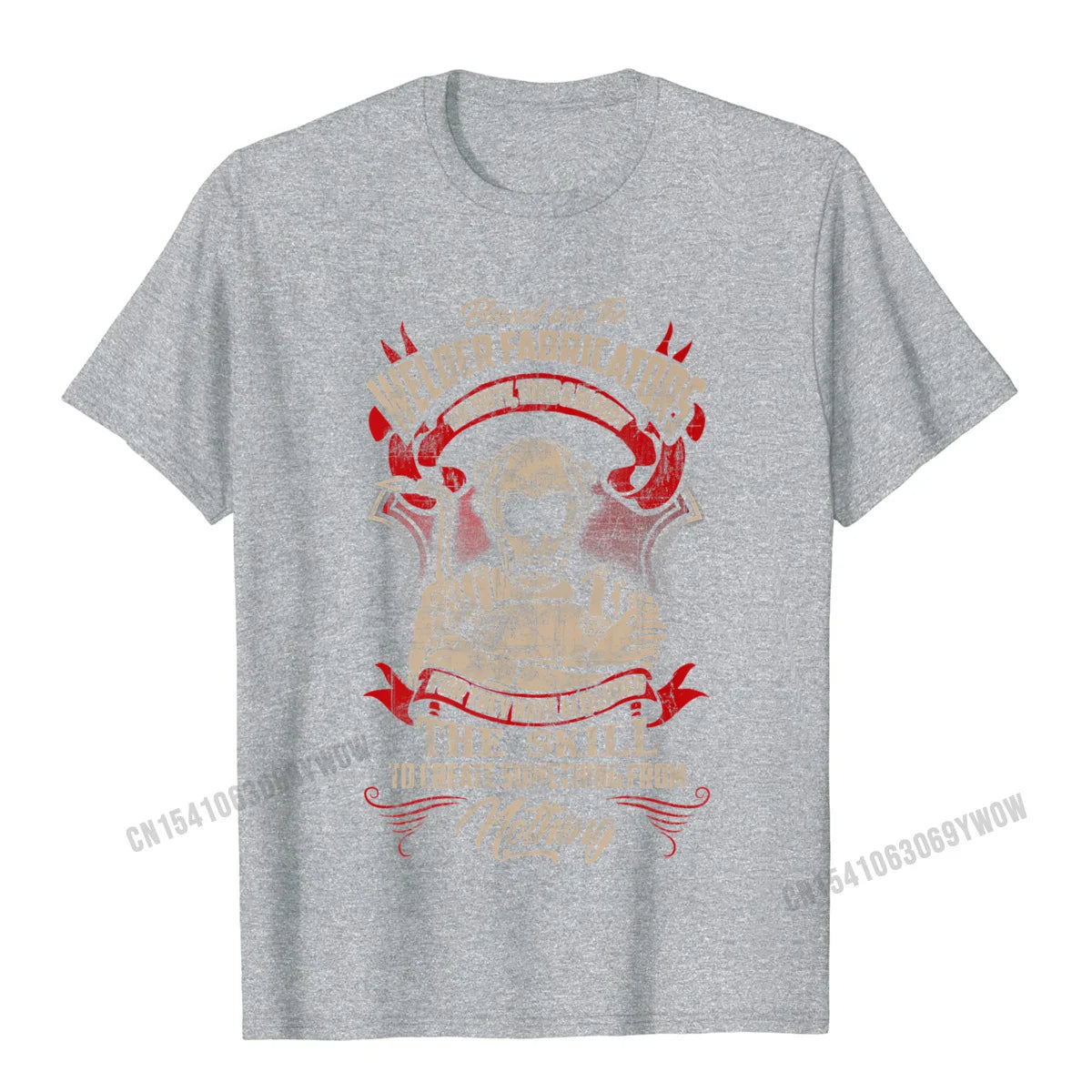 “Grey cotton t-shirt with funny welder-themed graphic on the back, available in multiple colors”
