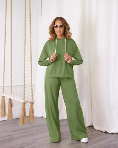 GUWU Active Wear Autumn Solid Women's Set Long Sleeve Hooded Sweater and Wide Leg Pants  Two 2 Piece Sets Outfits Tracksuit