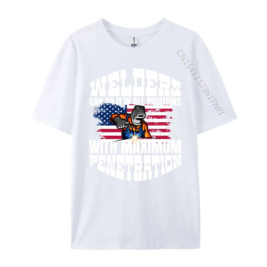 “white  cotton t-shirt with funny welder-themed graphic on the back, available in multiple colors”