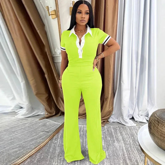 Striped Casual Tracksuits Set Woman 2 Piece Set Outfit Activewear Turn-down Collar Polo Shirt Top and Wide Leg Pants Sweat Suit